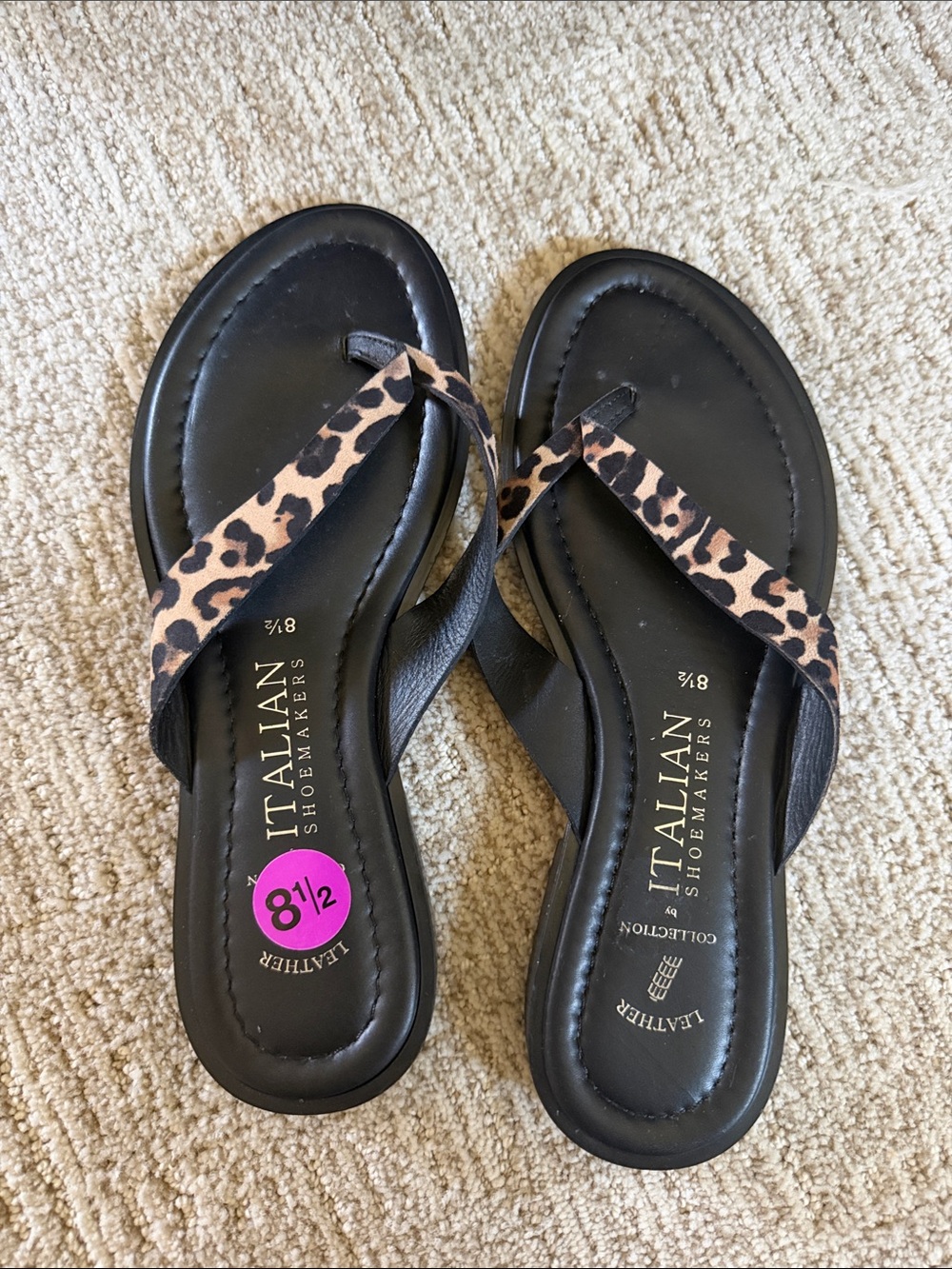 Italian Shoemakers Black Sandals with Leopard-Print Straps